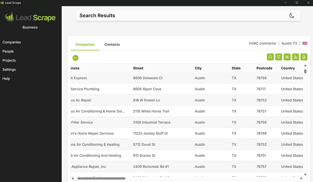 Lead Scrape Business showing the Companies tab of an HVAC contractor search in Austin, Texas, with heating and air conditioning firms listed by business name, street, city, state, and postcode