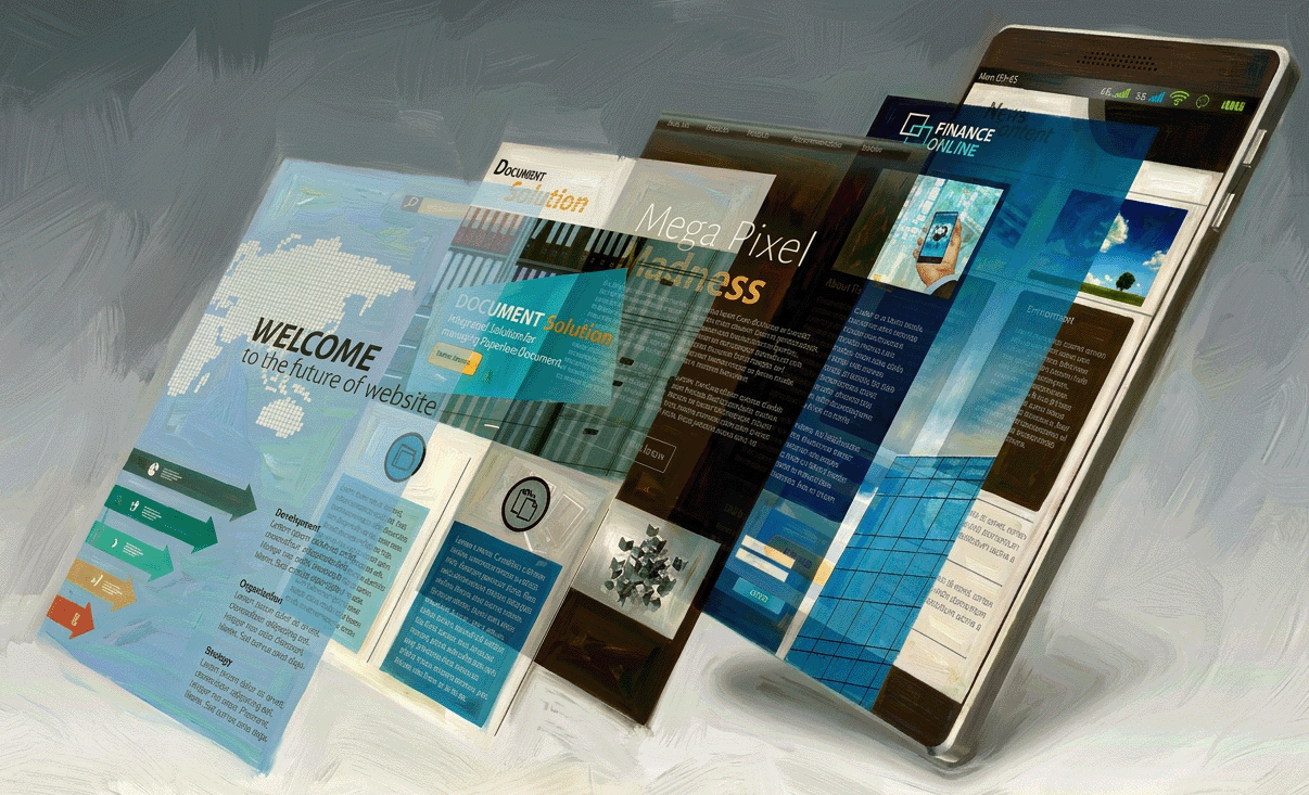 Painted illustration of website pages fanning out from a tablet, the online presence that businesses without websites go without
