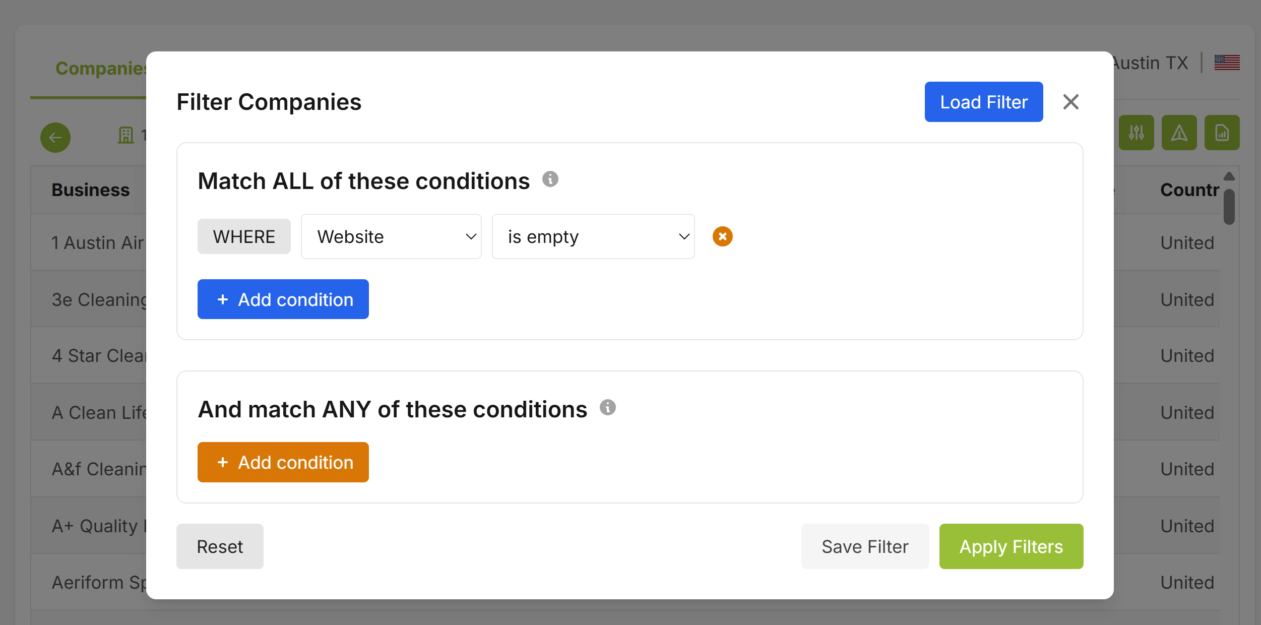 Lead Scrape Filter Companies dialog over an Austin, TX search, with one condition set to Website is empty under Match ALL of these conditions