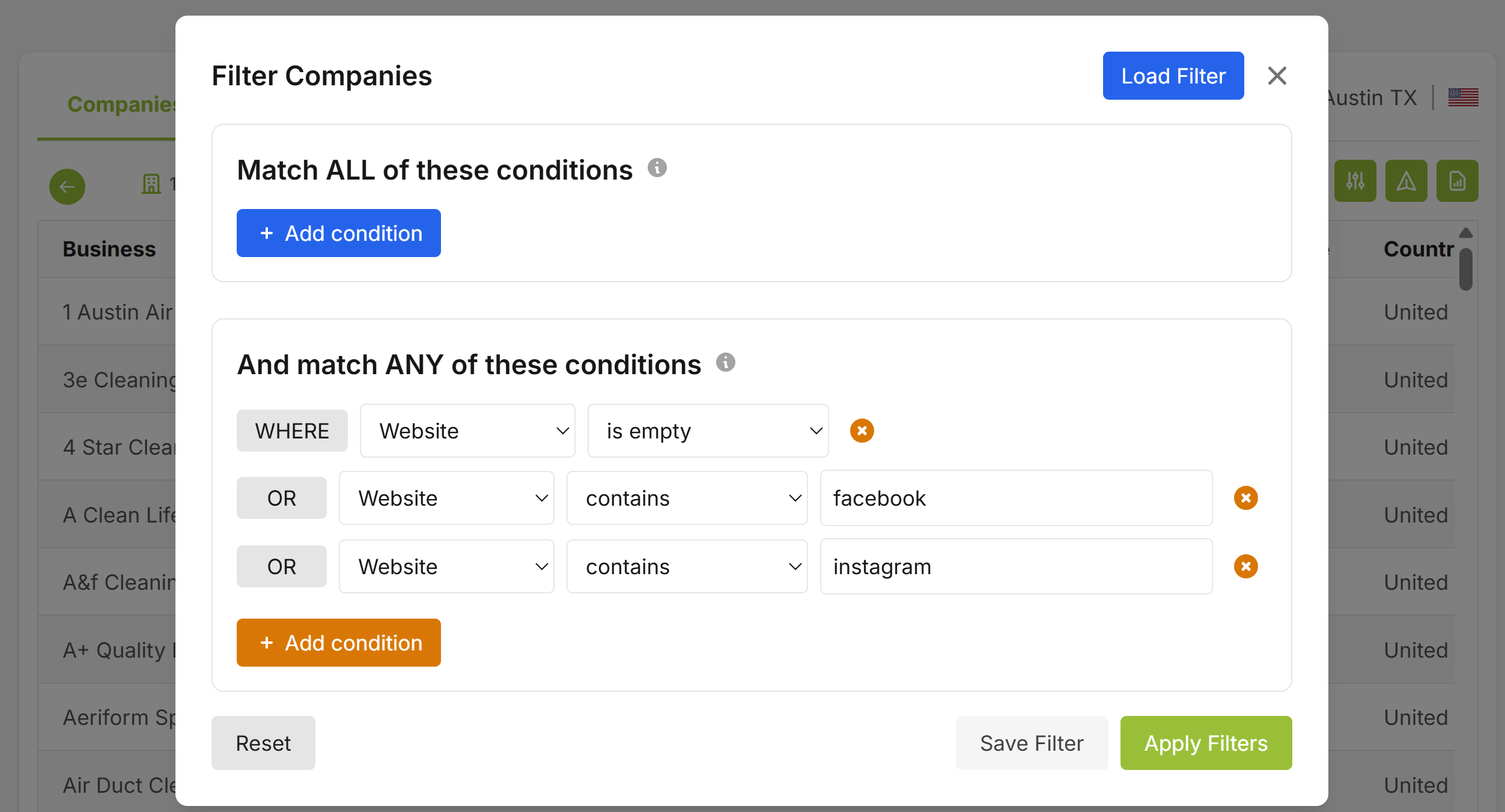 Lead Scrape Filter Companies dialog with three OR conditions: Website is empty, Website contains facebook, and Website contains instagram