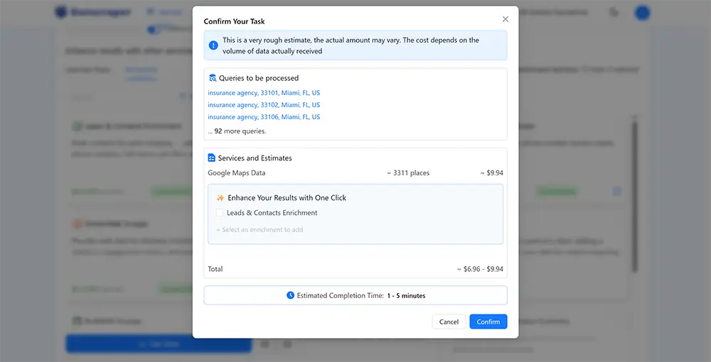 Outscraper cost estimate for an insurance agency search in Miami, about nine dollars for data-only results before enrichment