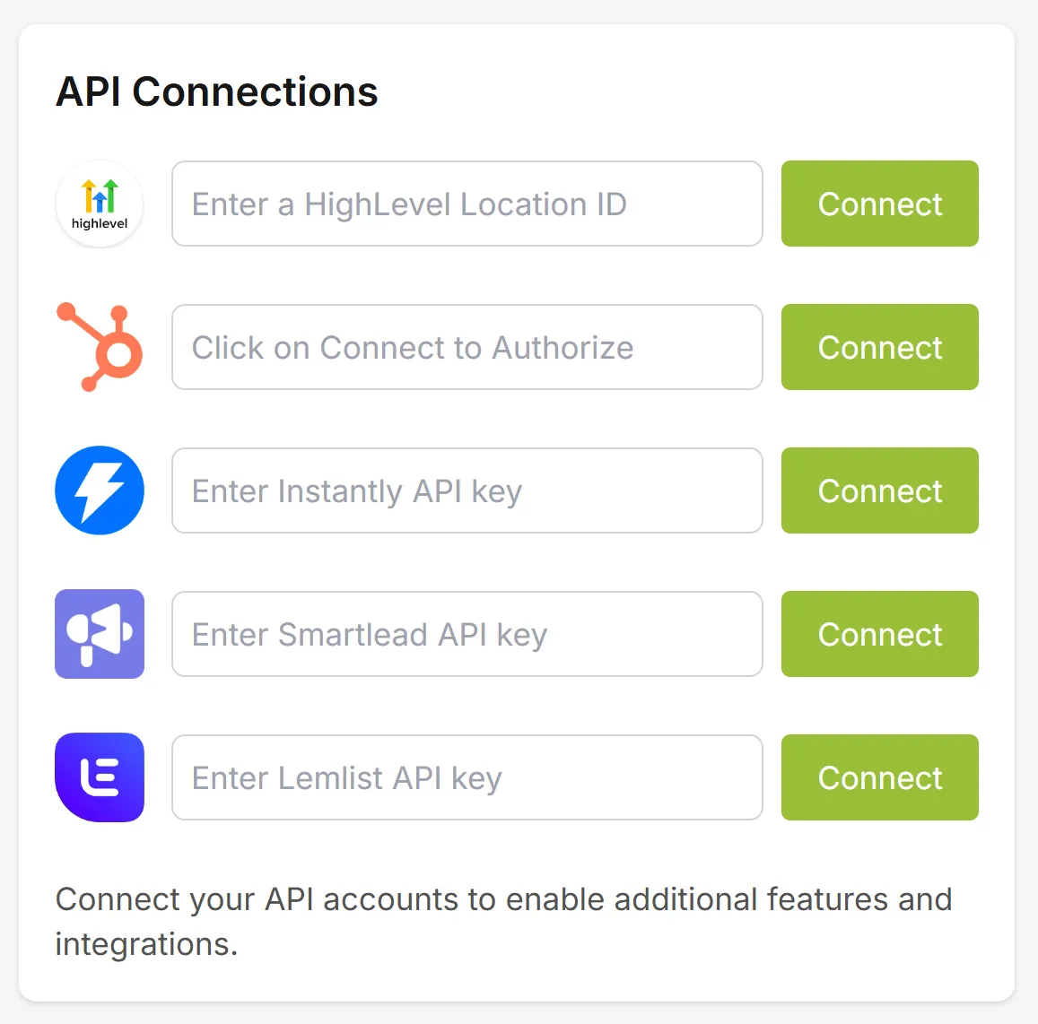 Lead Scrape API Integrations panel showing the HighLevel location ID field and Connect button